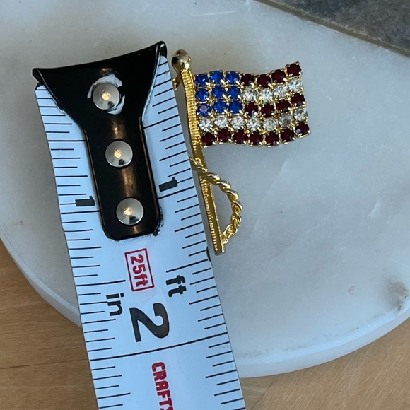 American Flag Brooch Gold Tone with Red, White, and Blue Rhinestones - Picture 6 of 13